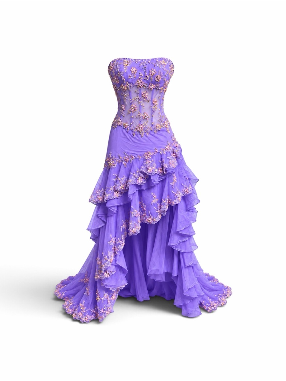 Vintage Y2K Lavender Purple Strapless Beaded Corset Prom Gown Ruffle Train sz 0